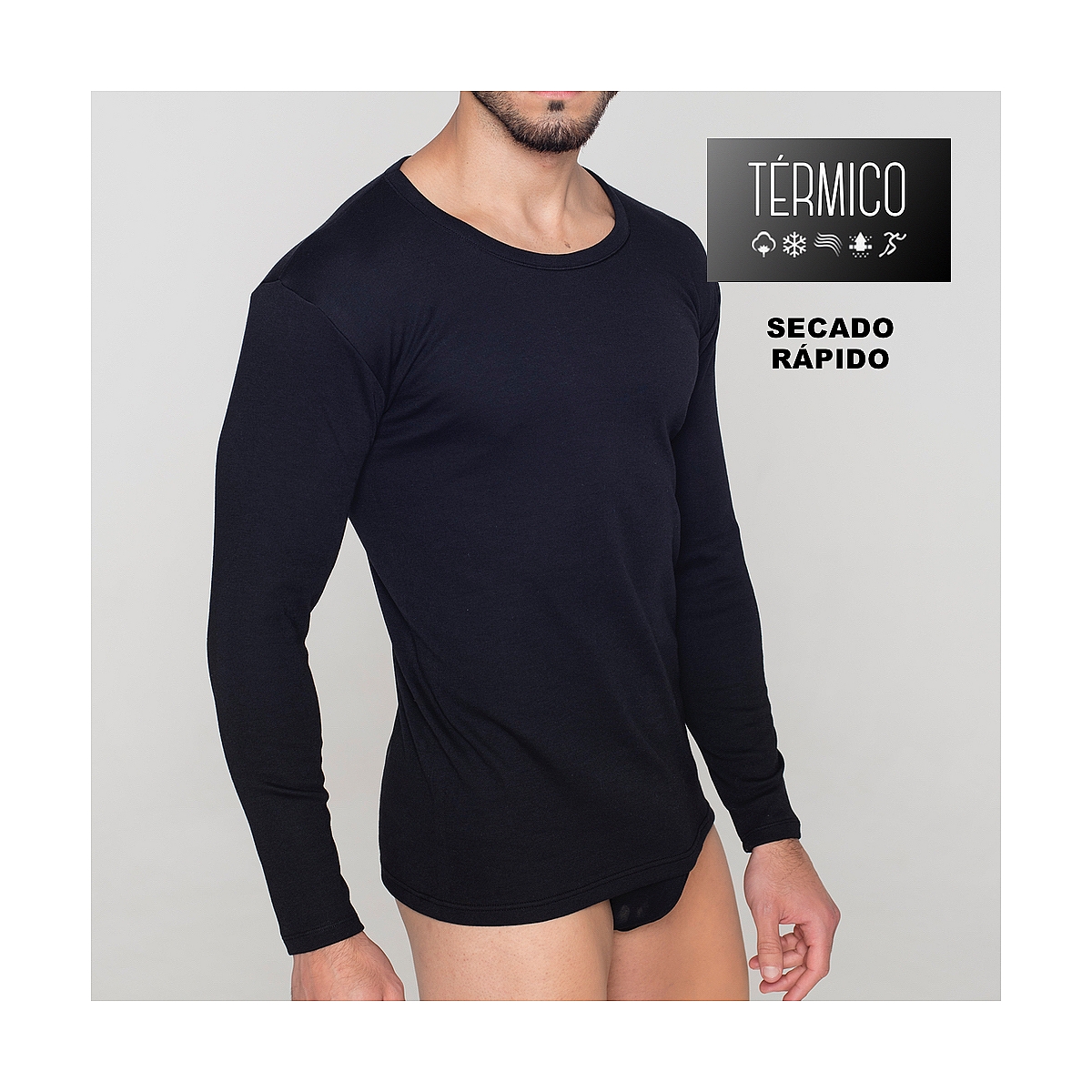 Camiseta Interior Térmica Algodón Manga Larga Hombre Cuello Redondo 3  Colores Lisos