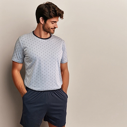 0840 MEN'S COTTON PAJAMA SET - SHORT SLEEVE AND SHORTS WITH POCKETS. LIGHTNING PRINT